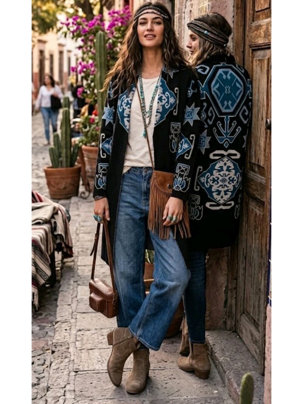 Sioni Unique Aztec/Tribal/Astrology Print Long Cardigan Sweater Boho Sz Small
